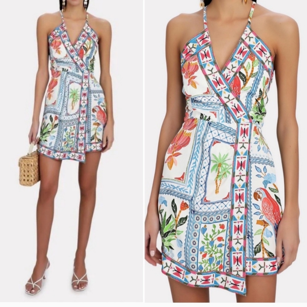 Farm Rio Tropical Tiles Halter Wrap Dress